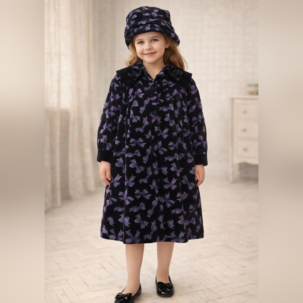 VINTAGE 60's LITTLE NUGGET💝Girls BlackVELVET MAUVE BOWSMatching Coat&Hat SetSz6